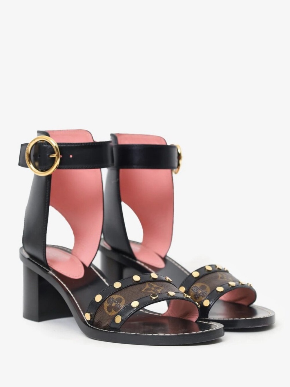 Louis Vuitton Black and Brown Monogram Studded Ankle-Strap Block Heels